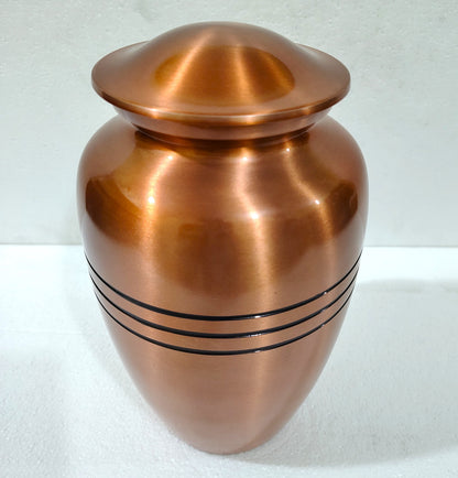 Heritage Bronze – Classic Copper Finish Aluminum Cremation Urn for Ashes with Engraved Dark Bands, 10 Inches with Velvet Bag