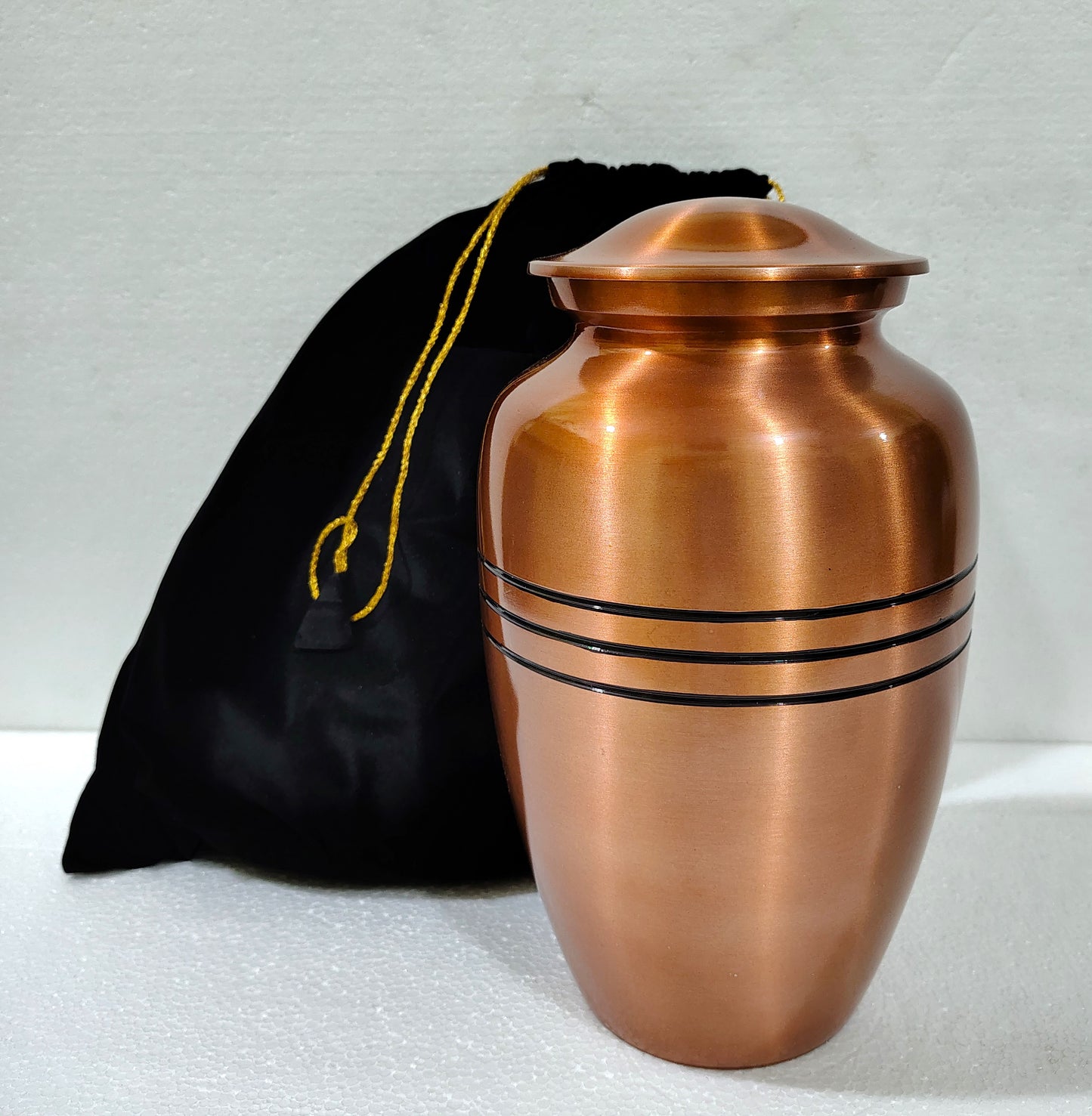 Heritage Bronze – Classic Copper Finish Aluminum Cremation Urn for Ashes with Engraved Dark Bands, 10 Inches with Velvet Bag