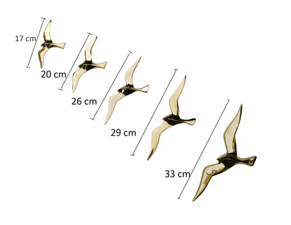 Decorative Brass Wall Mount Flying Seagull Birds Sculpture Unique Figurine Seagull Birds Statue Wall Mount, for Home | Office | Restaurant Decorations (Set of 5)