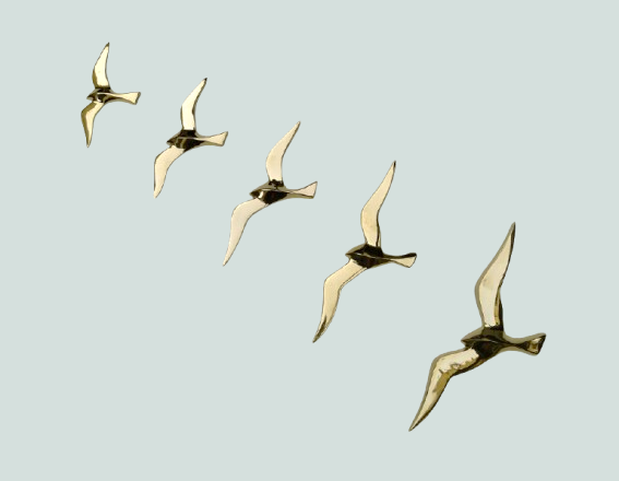 Decorative Brass Wall Mount Flying Seagull Birds Sculpture Unique Figurine Seagull Birds Statue Wall Mount, for Home | Office | Restaurant Decorations (Set of 5)
