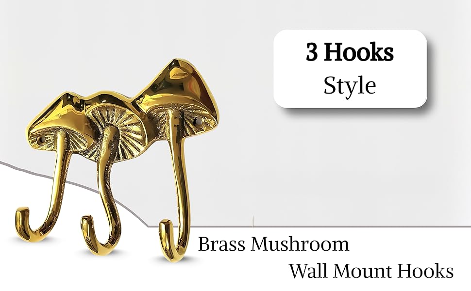 Whimsical Brass Mushroom Wall Hook Sculpture – Unique Home & Office Décor Piece ( Set of 3)