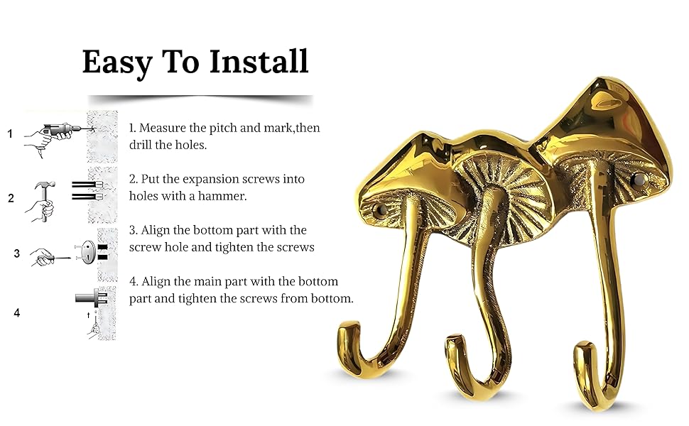 Whimsical Brass Mushroom Wall Hook Sculpture – Unique Home & Office Décor Piece ( Set of 3)